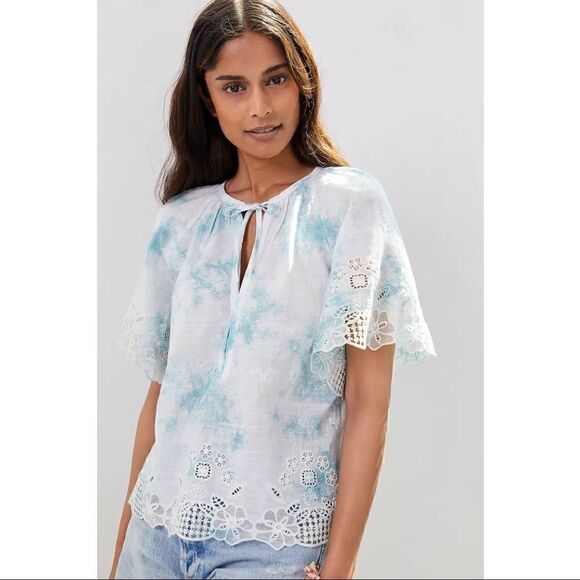 NEW Anthropologie Blue Embroidered Lace Tie-Dye Short-Sleeve Blouse Medium - Picture 1 of 4
